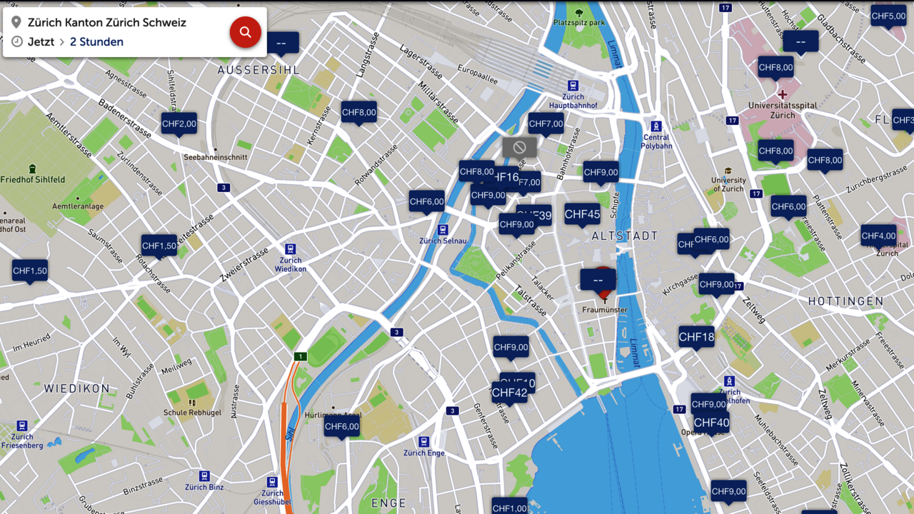Screenshot der Webseite Parkopedia, die einem erlaubt, Preise von Parkplätzen in einer Stadt zu vergleichen.