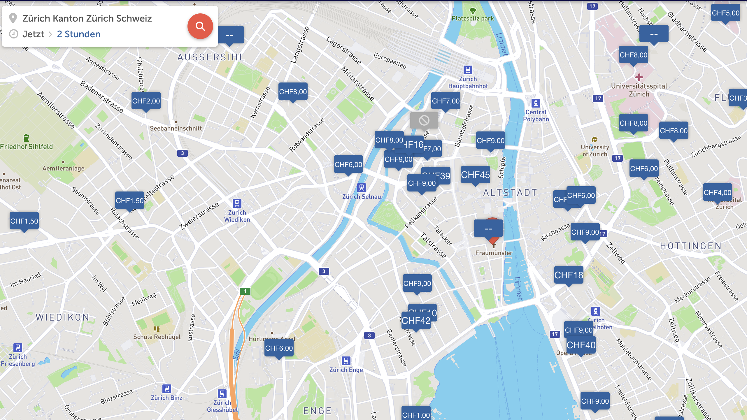 Screenshot der Webseite Parkopedia, die einem erlaubt, Preise von Parkplätzen in einer Stadt zu vergleichen.