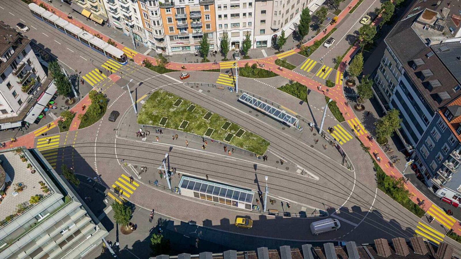 Mehr Platz für Bäume und Sträucher: So malt sich die Forschungsgruppe den Albisriederplatz in Zukunft aus. Bild: Nightnurse Images