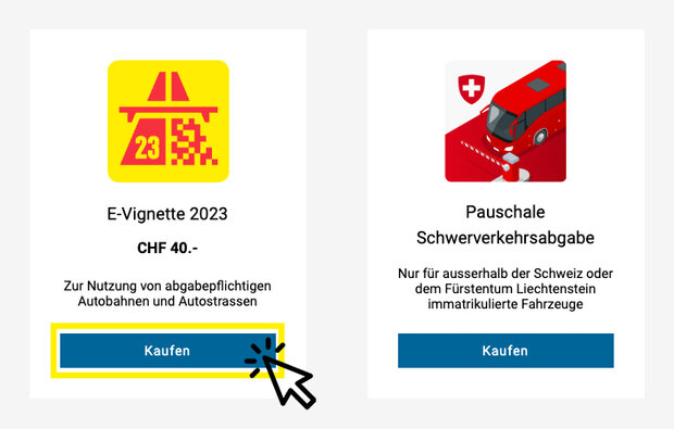 Im Webshop kann man die E-Vignette kaufen oder die pauschale Schwerverkehrsabgabe für Fahrzeuge über 3,5 Tonnen bezahlen.