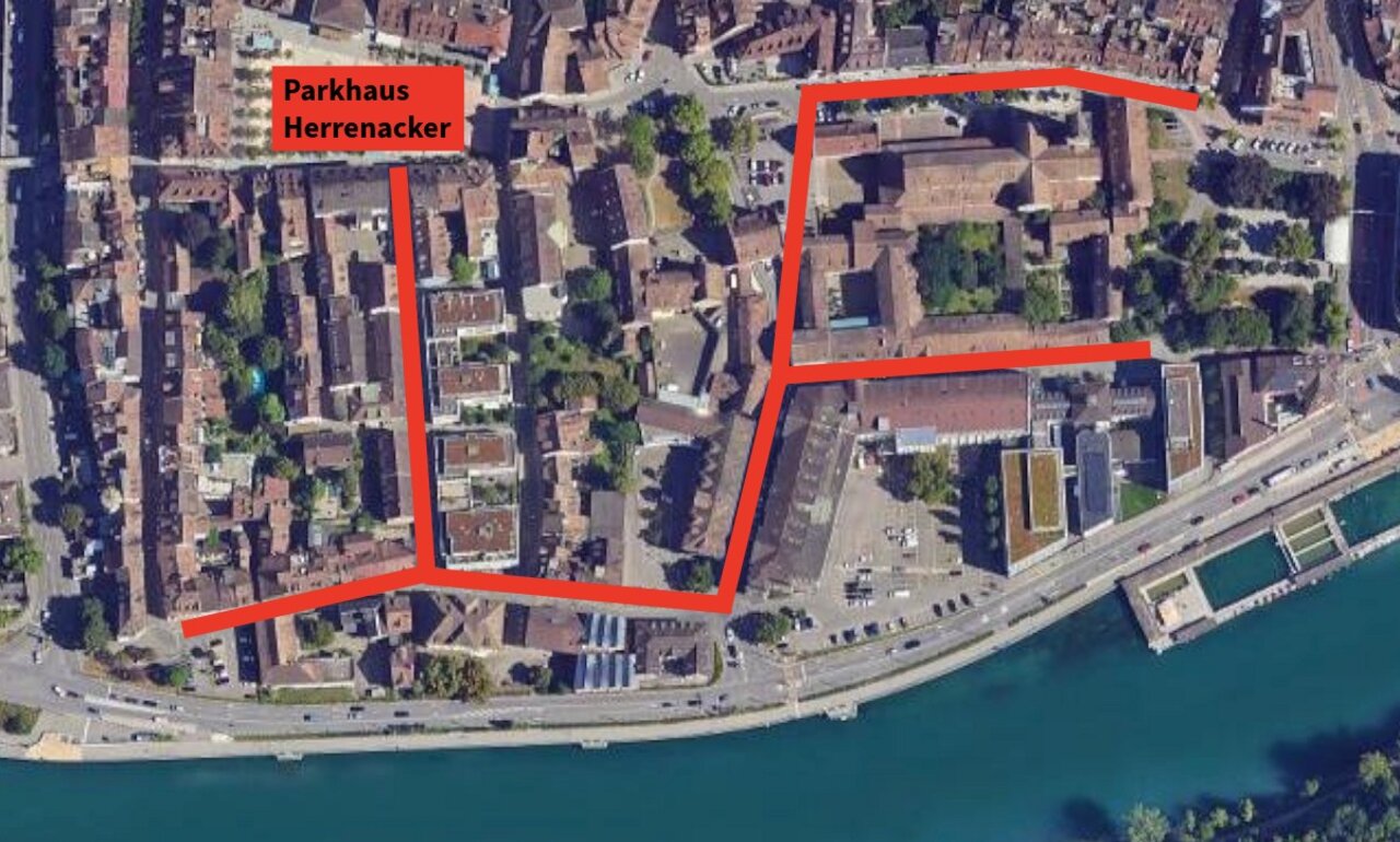 Die rotmarkierten Strassen zeigen die geplante Begegnungszone Altstadt Süd. Bild: Google Maps, Grafik: STREETLIFE
