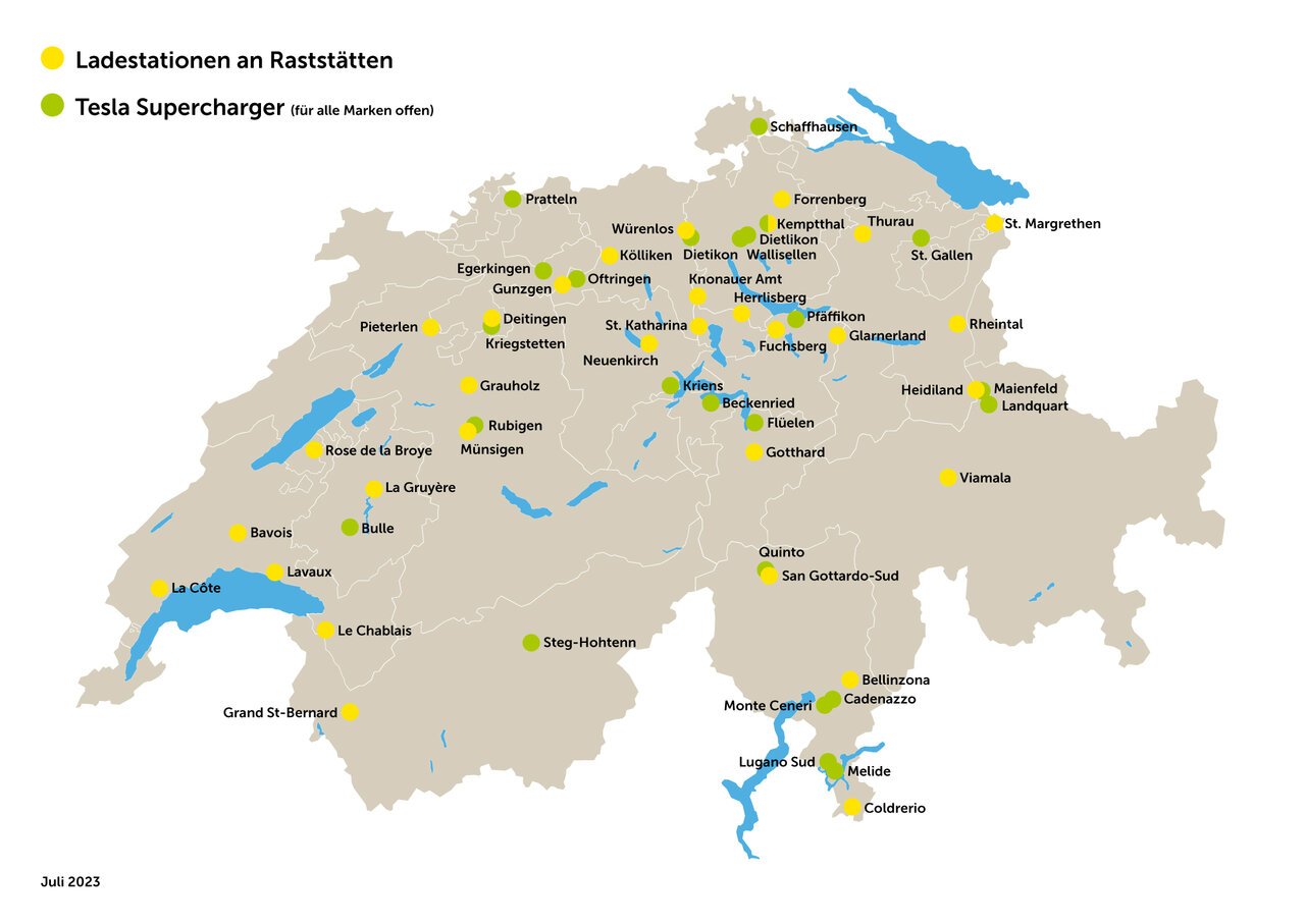 Übersicht der Autobahnraststätten mit mindestens einer öffentlichen Schnellladestation