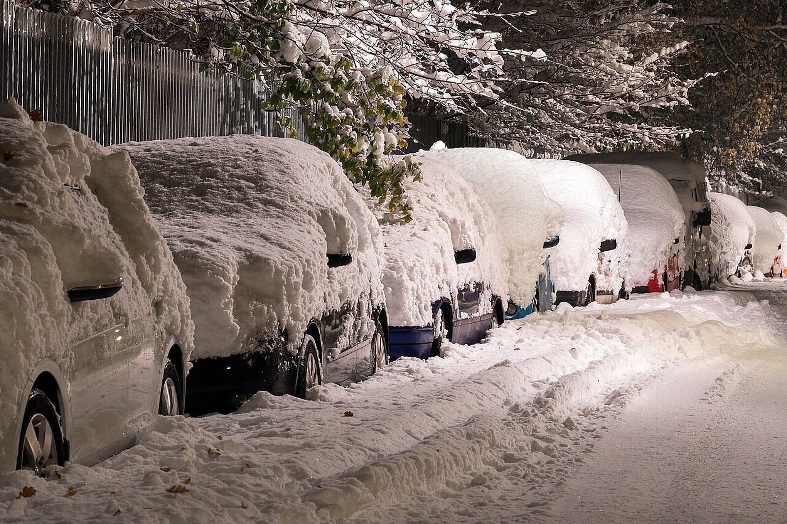 Schneebedeckte geparkte Autos.