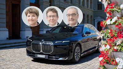 Bundesrats BMW mit Bundesräten als Icon im Vordergrund