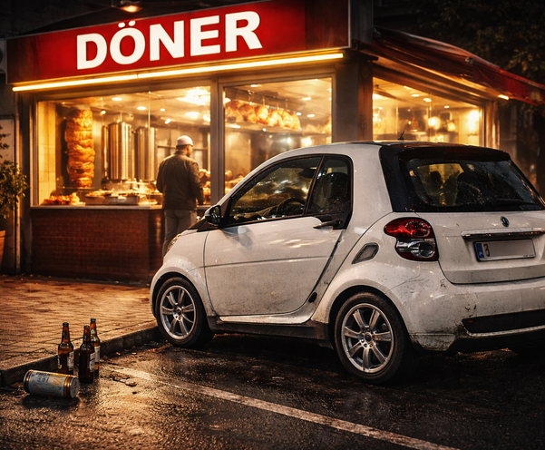 KI generiertes Bild eines Smart vor einem Dönerladen