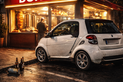 KI generiertes Bild eines Smart vor einem Dönerladen