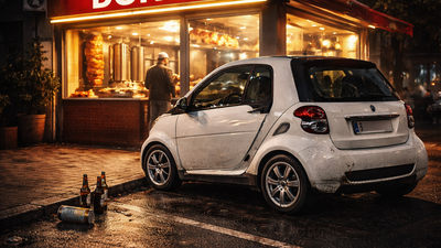 KI generiertes Bild eines Smart vor einem Dönerladen