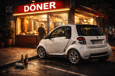 KI generiertes Bild eines Smart vor einem Dönerladen