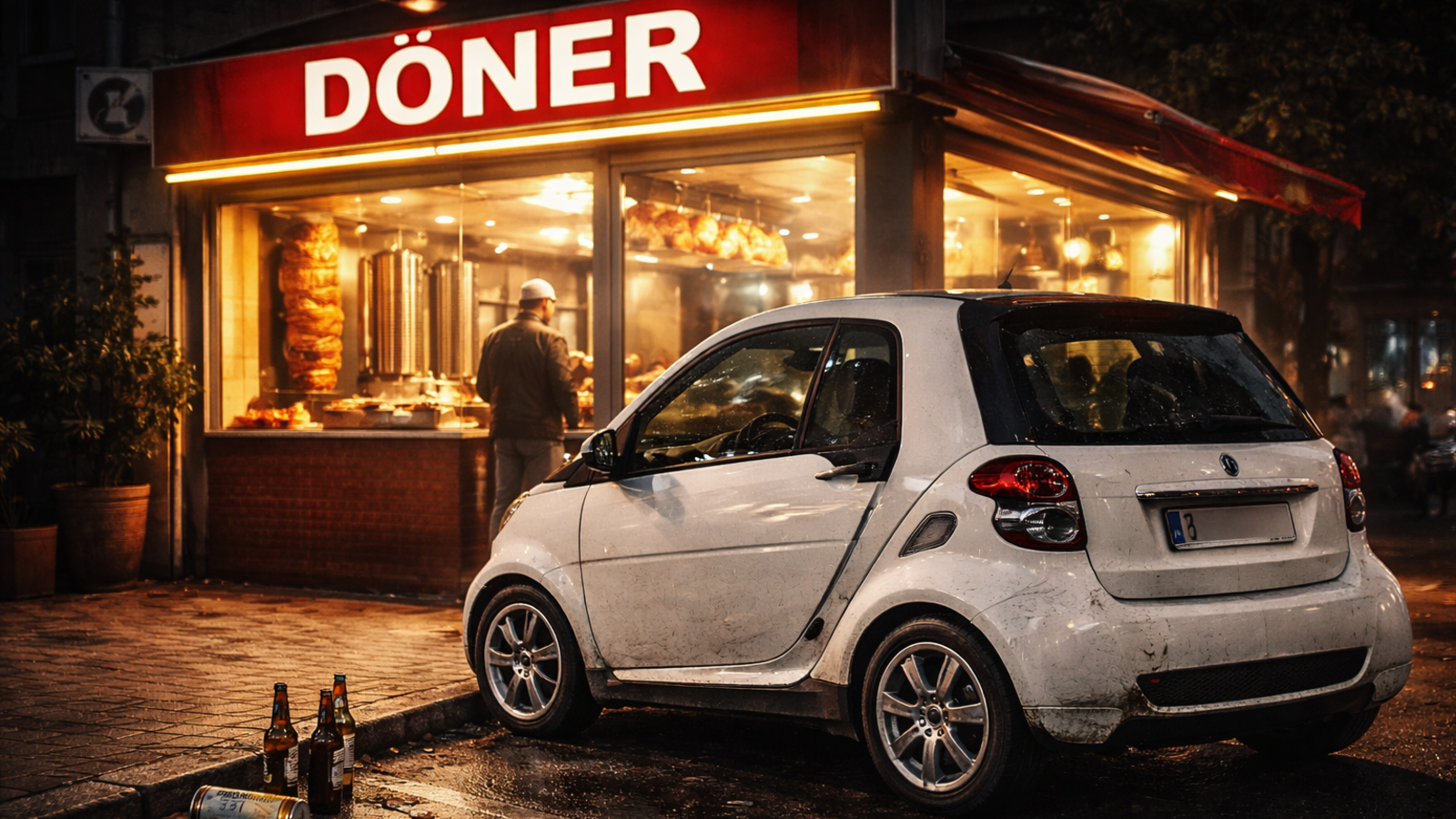 KI generiertes Bild eines Smart vor einem Dönerladen