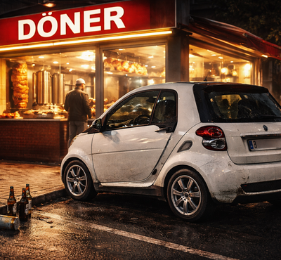 KI generiertes Bild eines Smart vor einem Dönerladen