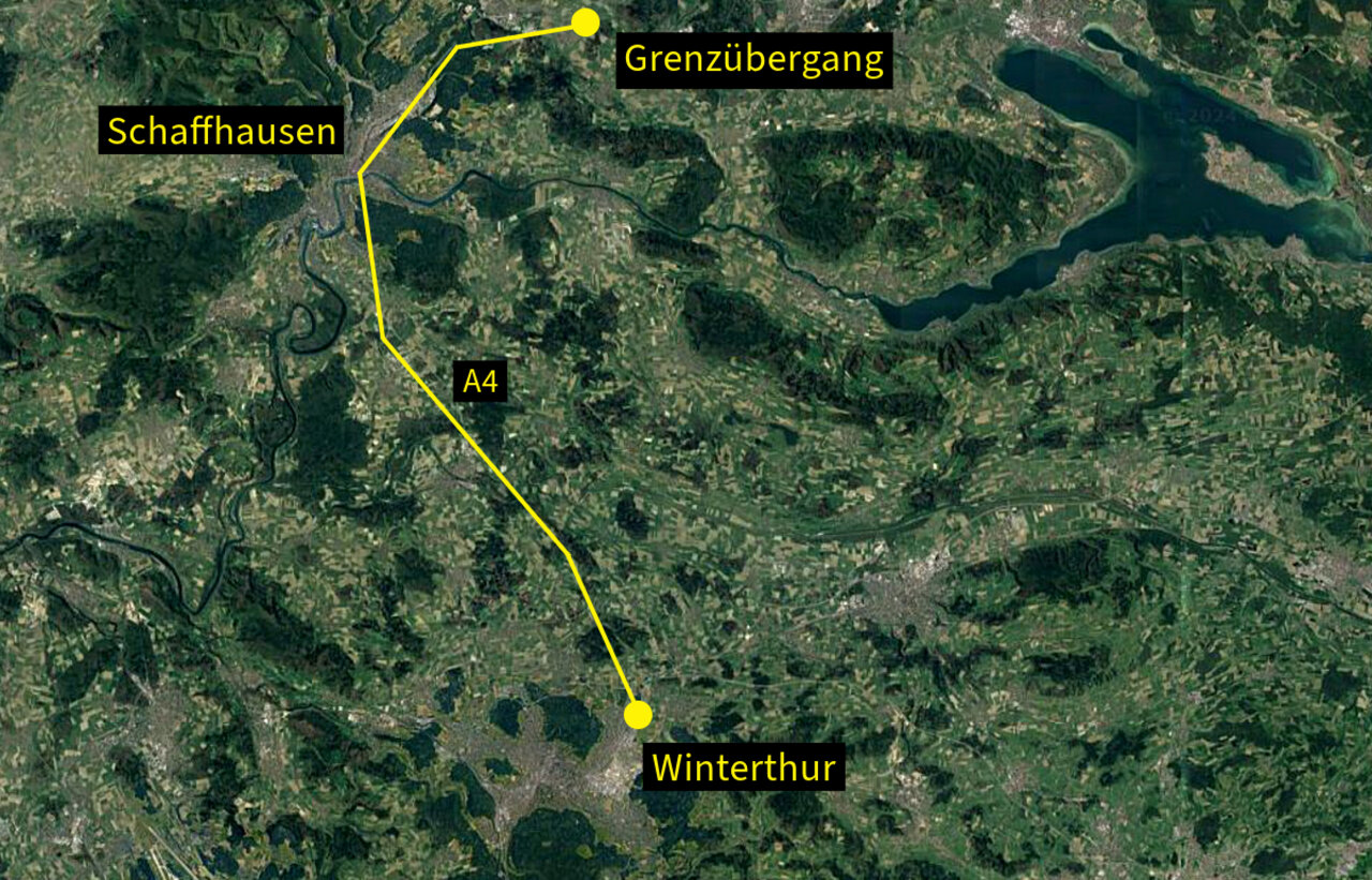 Der Beschuldigte kam mit seinem Peugeot 208 von Deutschland her kommend bei Thayngen über die Grenze. Kurz später flüchtete er vor einer Kontrolle des Bundesamtes für Zoll und Grenzsicherheit. Grafik: STREETLIFE, Google Maps