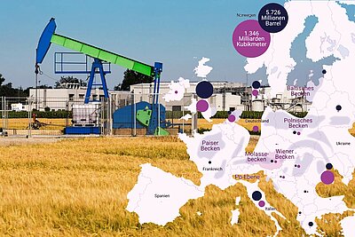 Ölpumpe in Österreich mit einer Karte der eurpäischen Erdölreserven