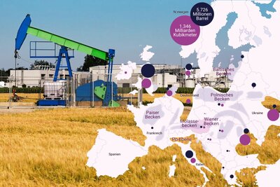 Ölpumpe in Österreich mit einer Karte der eurpäischen Erdölreserven