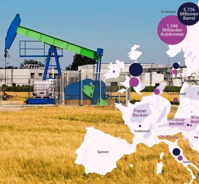 Ölpumpe in Österreich mit einer Karte der eurpäischen Erdölreserven