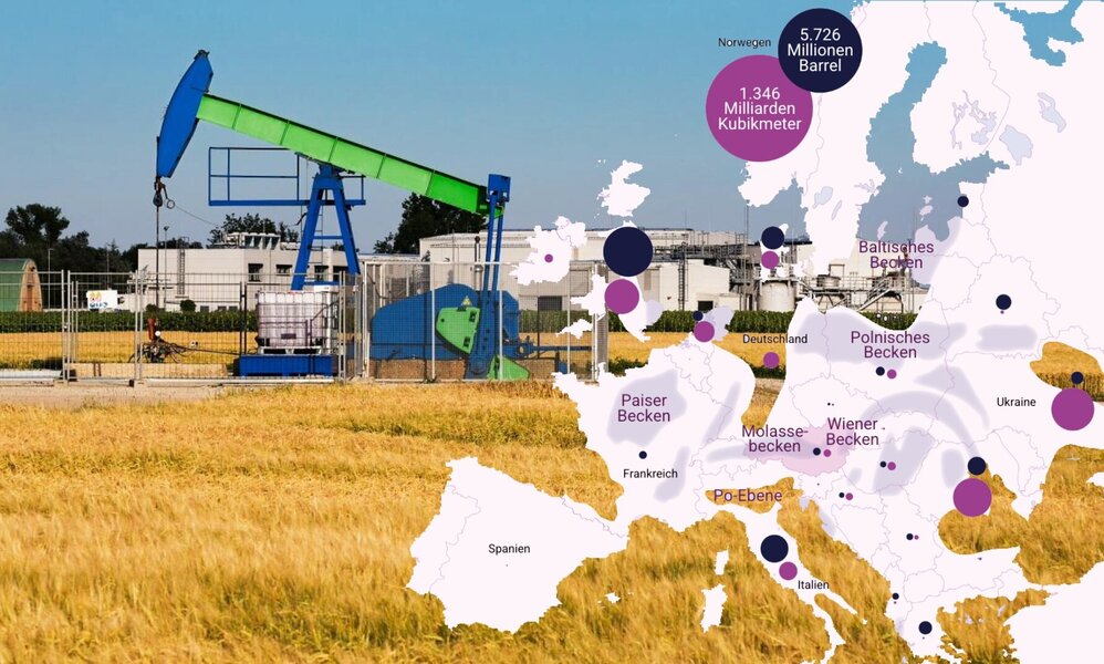 Ölpumpe in Österreich mit einer Karte der eurpäischen Erdölreserven