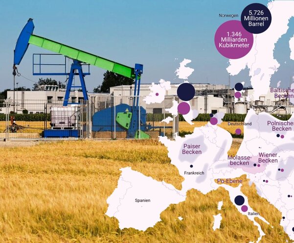 Ölpumpe in Österreich mit einer Karte der eurpäischen Erdölreserven
