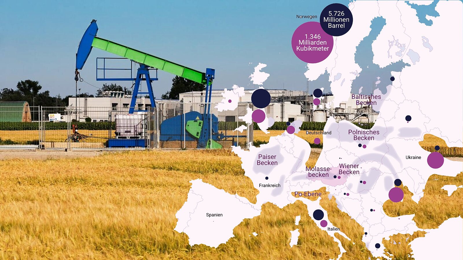 Ölpumpe in Österreich mit einer Karte der eurpäischen Erdölreserven