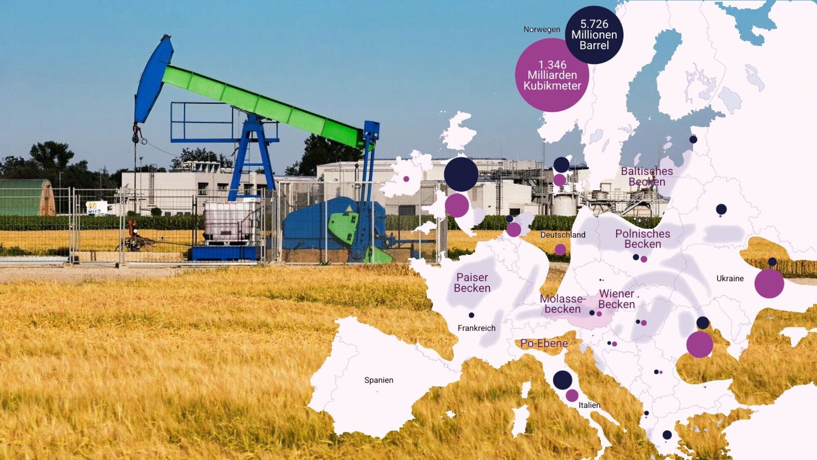 Ölpumpe in Österreich mit einer Karte der eurpäischen Erdölreserven