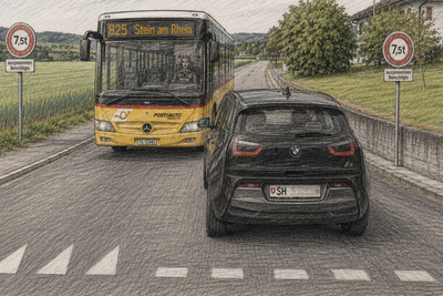 KI-Skizze vom BMW, der das Postauto blockiert