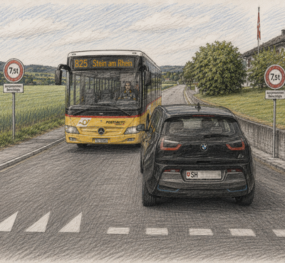 KI-Skizze vom BMW, der das Postauto blockiert