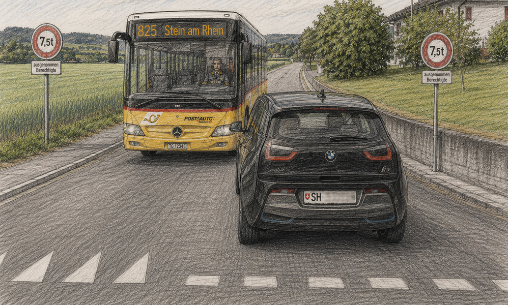 KI-Skizze vom BMW, der das Postauto blockiert