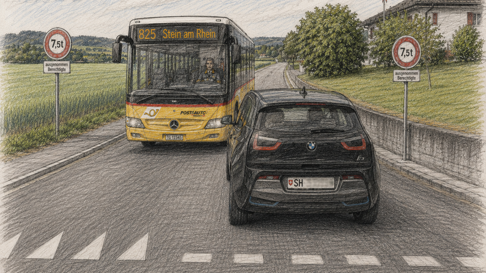 KI-Skizze vom BMW, der das Postauto blockiert