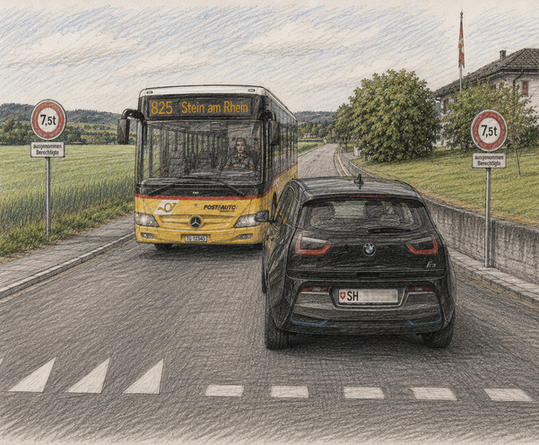 KI-Skizze vom BMW, der das Postauto blockiert