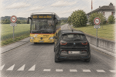 KI-Skizze vom BMW, der das Postauto blockiert