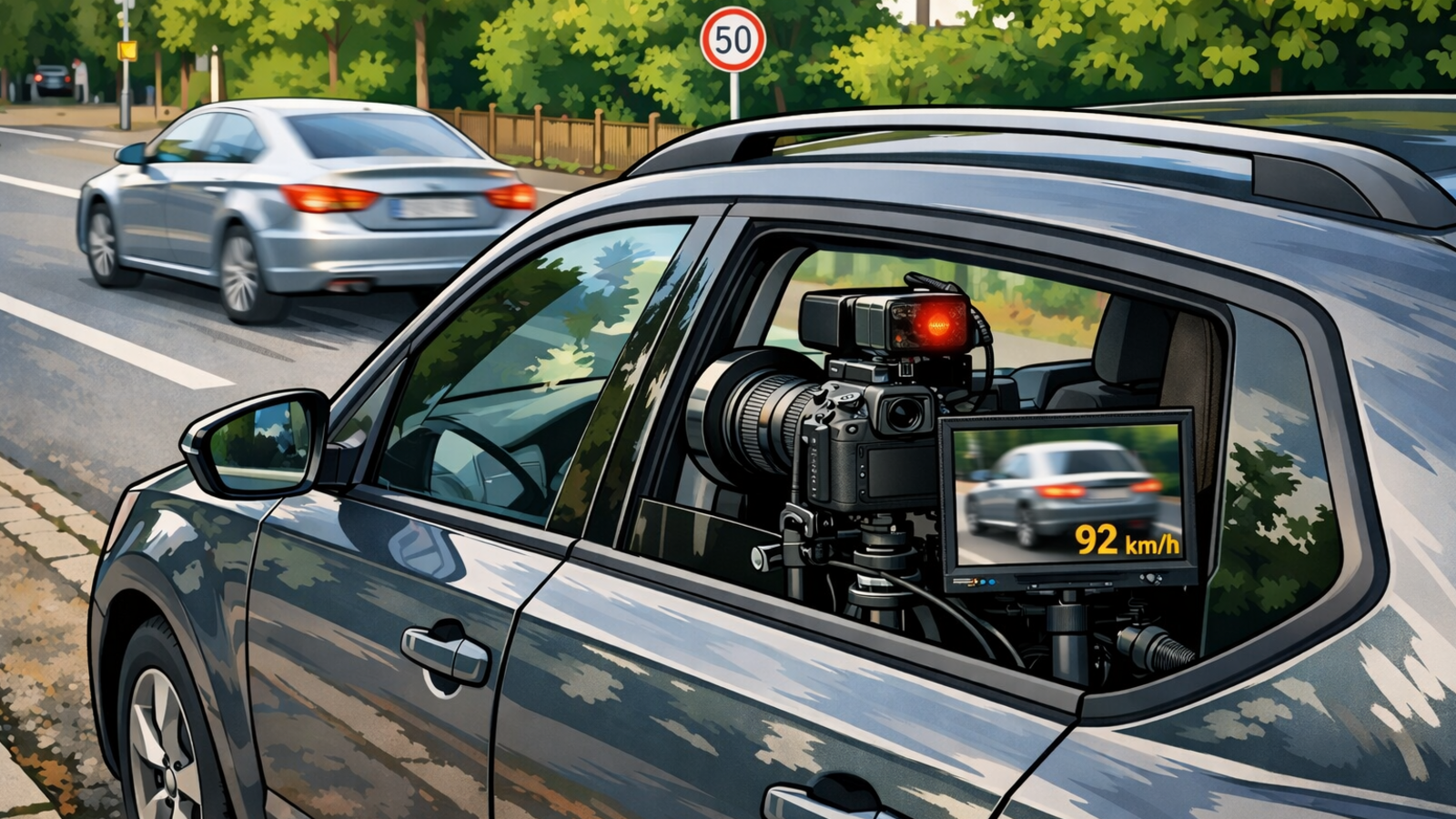 KI generiertes Symbolbild eines in einem geparkten Auto versteckten Blitzers