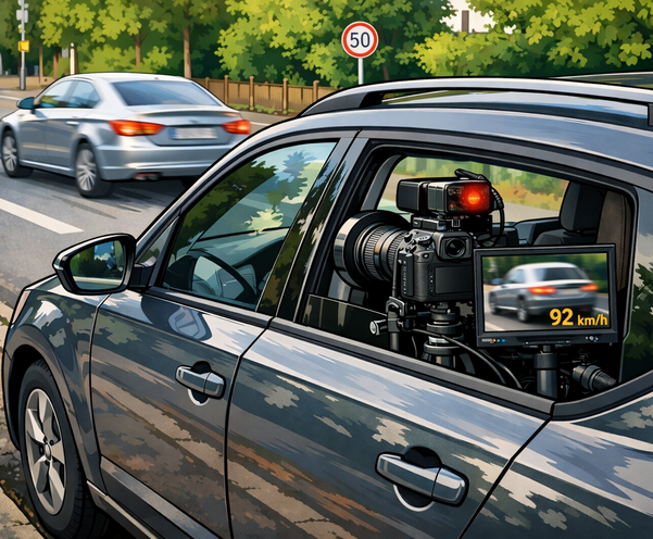 KI generiertes Symbolbild eines in einem geparkten Auto versteckten Blitzers