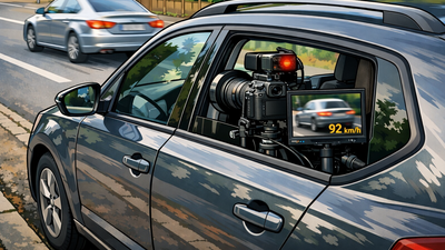 KI generiertes Symbolbild eines in einem geparkten Auto versteckten Blitzers