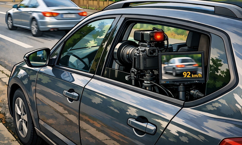 KI generiertes Symbolbild eines in einem geparkten Auto versteckten Blitzers