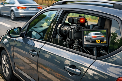 KI generiertes Symbolbild eines in einem geparkten Auto versteckten Blitzers