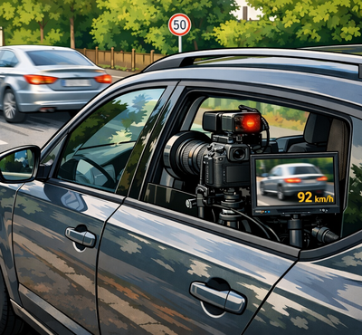 KI generiertes Symbolbild eines in einem geparkten Auto versteckten Blitzers