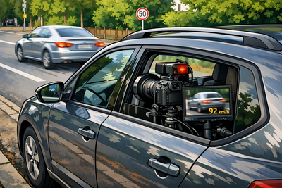 KI generiertes Symbolbild eines in einem geparkten Auto versteckten Blitzers