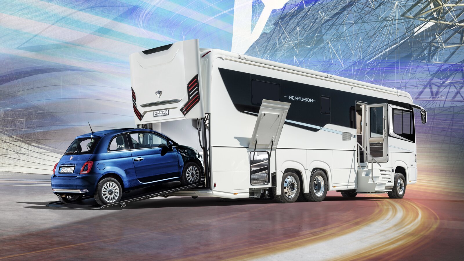 Luxusliner sind auch Mutterschiffe für den mitgeführten Zweitwagen. Bild: Concorde Reisemobile