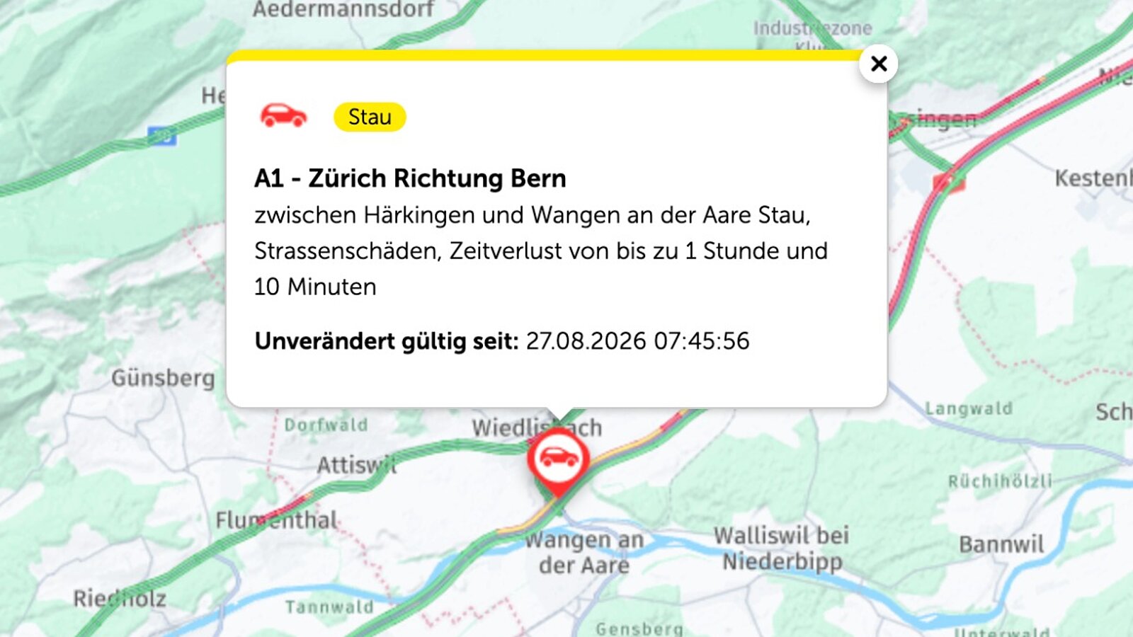 Zwischen Härkingen und Wangen an der Aare musste der rechte Fahrstreifen gesperrt werden. Bild: TCS