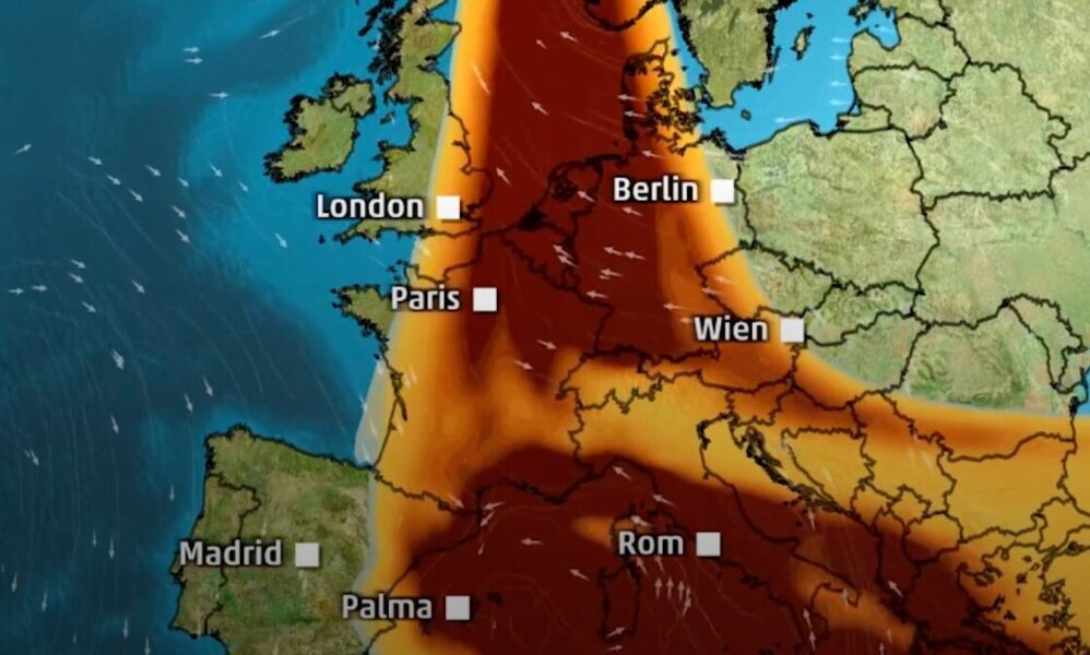 Das Satellitenbild zeigt die Saharastaub-Wolke über Europa. Betroffen ist auch die Schweiz. Bild: ©The Weather Channel
