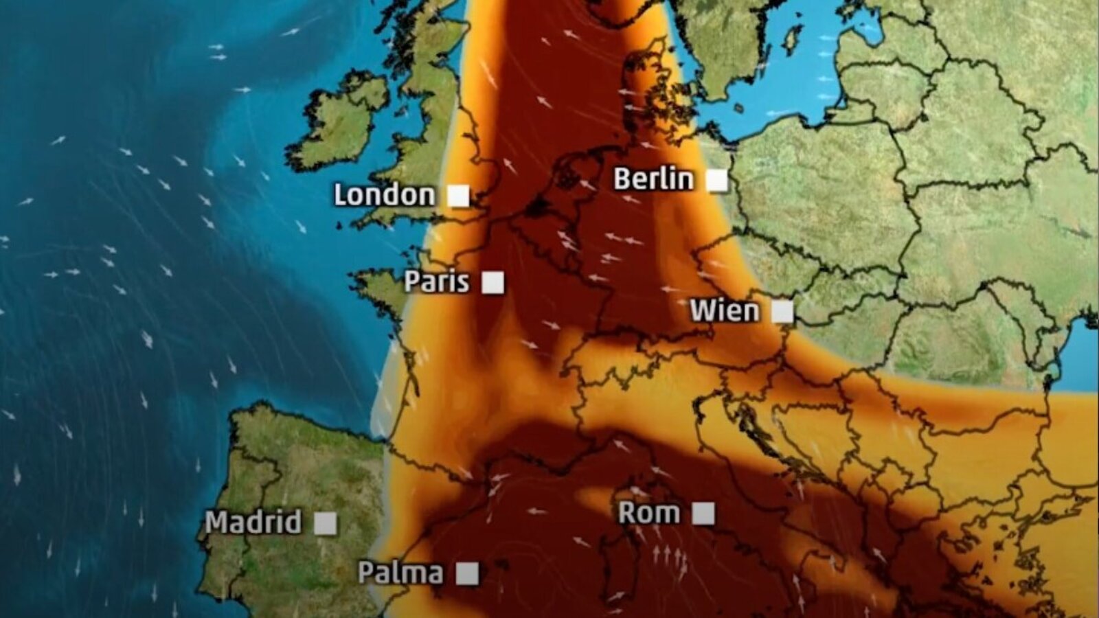 Das Satellitenbild zeigt die Saharastaub-Wolke über Europa. Betroffen ist auch die Schweiz. Bild: ©The Weather Channel