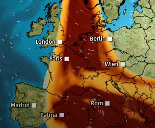 Das Satellitenbild zeigt die Saharastaub-Wolke über Europa. Betroffen ist auch die Schweiz. Bild: ©The Weather Channel