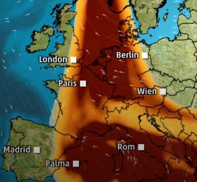 Das Satellitenbild zeigt die Saharastaub-Wolke über Europa. Betroffen ist auch die Schweiz. Bild: ©The Weather Channel