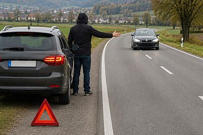 Benzin-Trickdiebe lauern an Strassen, bei Tankstellen oder auf Parkplätzen. Sie versuchen mit erfundenen Notlagen ihre Opfer emotional unter Druck zu setzen. Bild: KI generiert