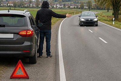 Benzin-Trickdiebe lauern an Strassen, bei Tankstellen oder auf Parkplätzen. Sie versuchen mit erfundenen Notlagen ihre Opfer emotional unter Druck zu setzen. Bild: KI generiert