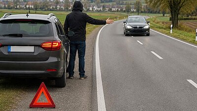 Benzin-Trickdiebe lauern an Strassen, bei Tankstellen oder auf Parkplätzen. Sie versuchen mit erfundenen Notlagen ihre Opfer emotional unter Druck zu setzen. Bild: KI generiert