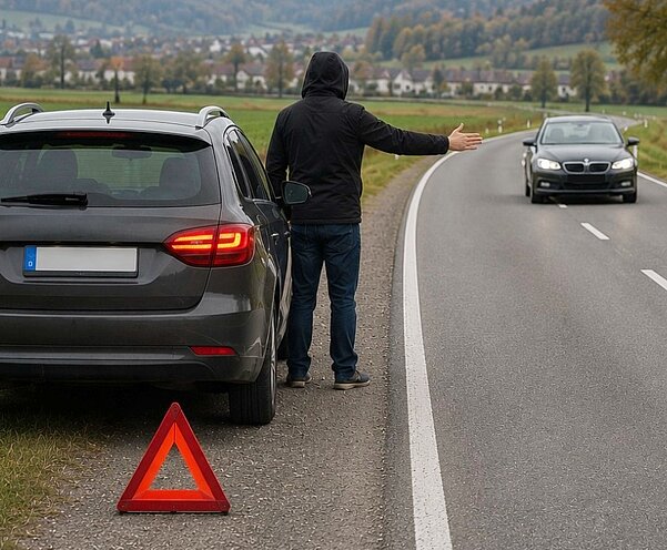 Benzin-Trickdiebe lauern an Strassen, bei Tankstellen oder auf Parkplätzen. Sie versuchen mit erfundenen Notlagen ihre Opfer emotional unter Druck zu setzen. Bild: KI generiert