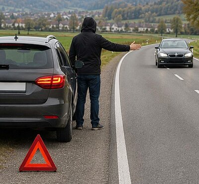 Benzin-Trickdiebe lauern an Strassen, bei Tankstellen oder auf Parkplätzen. Sie versuchen mit erfundenen Notlagen ihre Opfer emotional unter Druck zu setzen. Bild: KI generiert