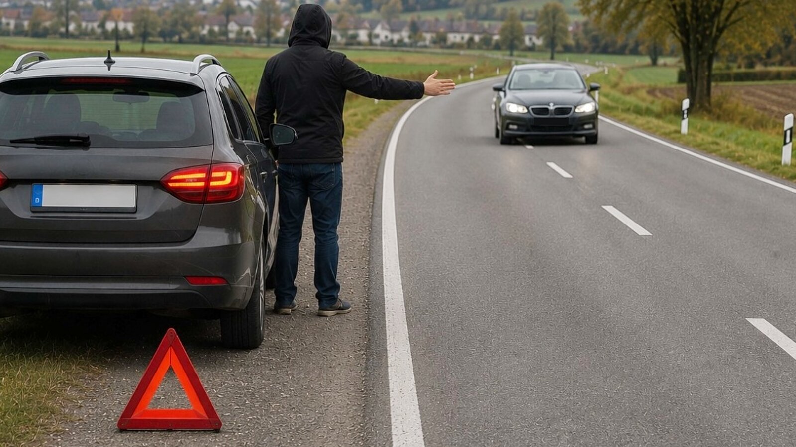 Benzin-Trickdiebe lauern an Strassen, bei Tankstellen oder auf Parkplätzen. Sie versuchen mit erfundenen Notlagen ihre Opfer emotional unter Druck zu setzen. Bild: KI generiert