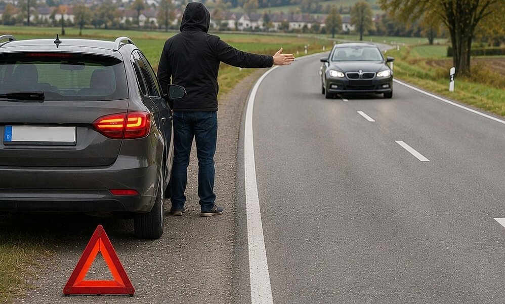 Benzin-Trickdiebe lauern an Strassen, bei Tankstellen oder auf Parkplätzen. Sie versuchen mit erfundenen Notlagen ihre Opfer emotional unter Druck zu setzen. Bild: KI generiert