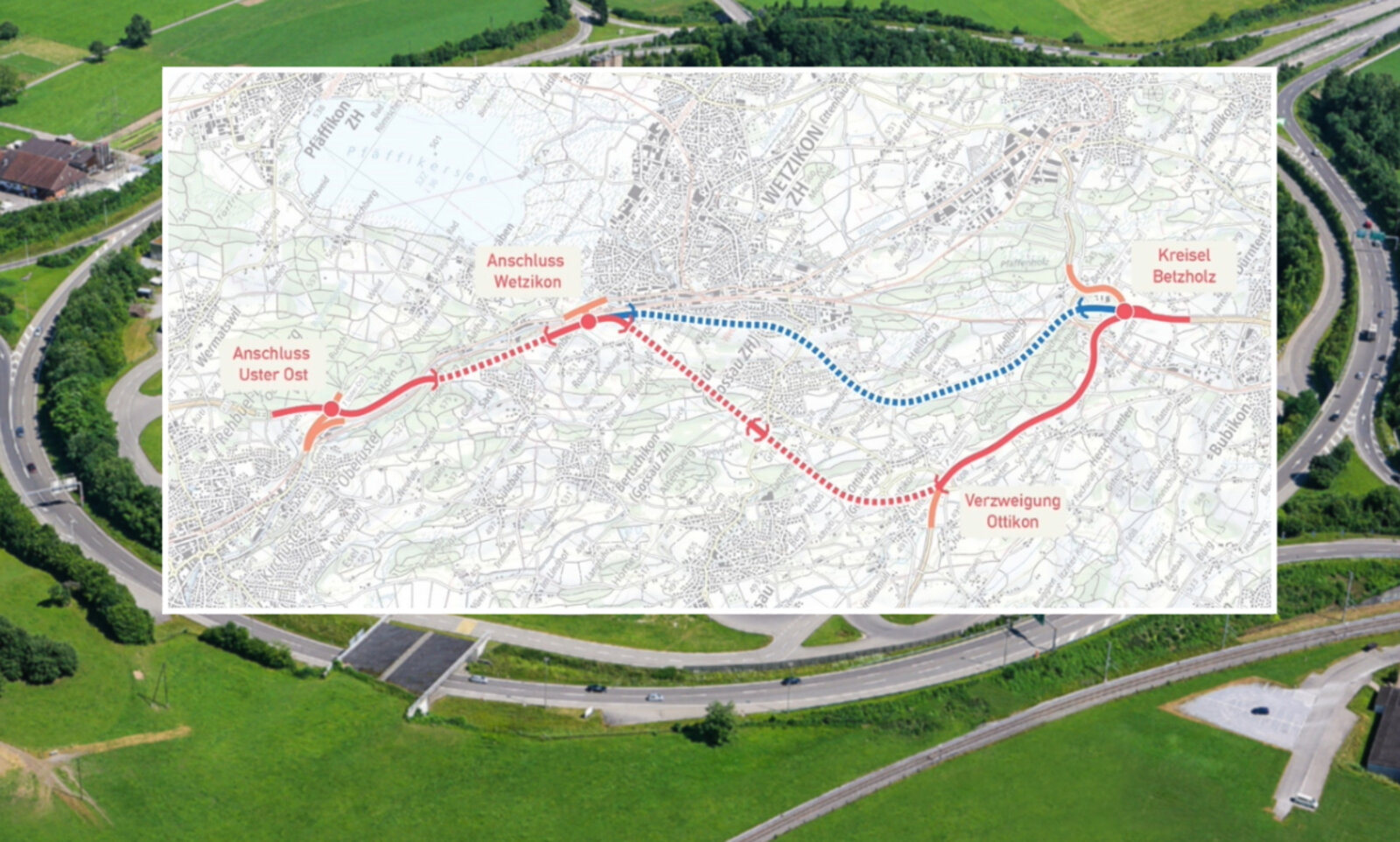 Der Kreise Betzholz im Zürcher Oberland hätte einmal vier Autobahnen vereinen sollen. Bisher wurden nur zwei gebaut. Jetzt soll die Autobahn unterirdisch weitergeführt werden. So sieht es ein Projekt vor. Bild: TCS