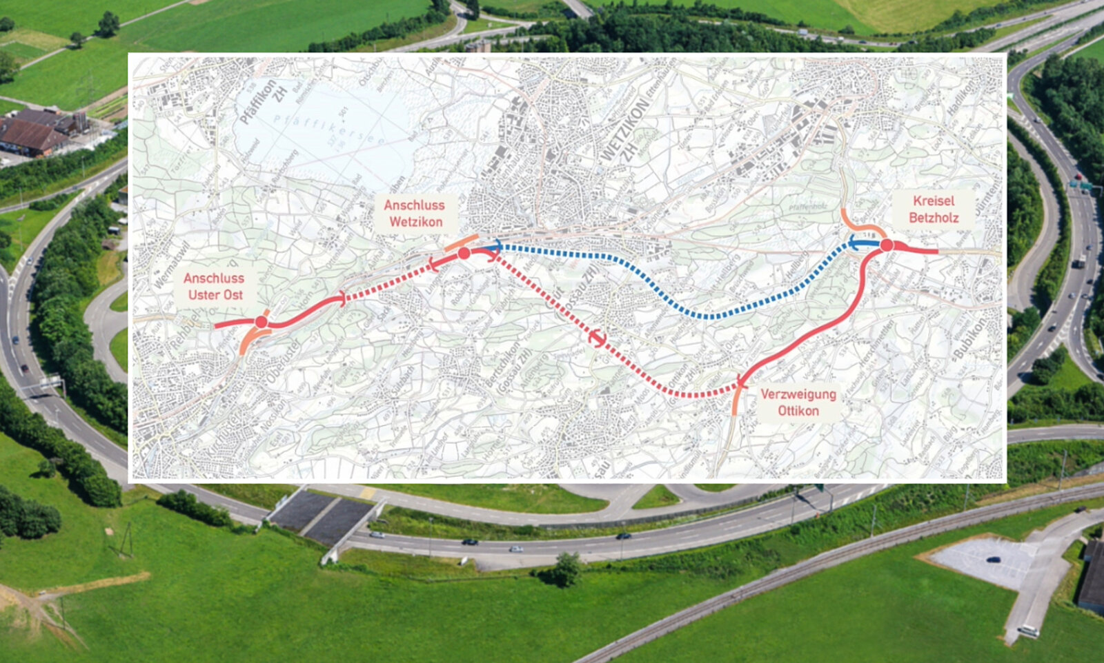 Der Kreise Betzholz im Zürcher Oberland hätte einmal vier Autobahnen vereinen sollen. Bisher wurden nur zwei gebaut. Jetzt soll die Autobahn unterirdisch weitergeführt werden. So sieht es ein Projekt vor. Bild: TCS